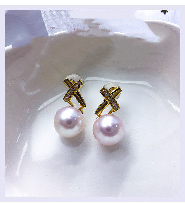 18K Gold Zircon Cross Earrings Sea Pearl