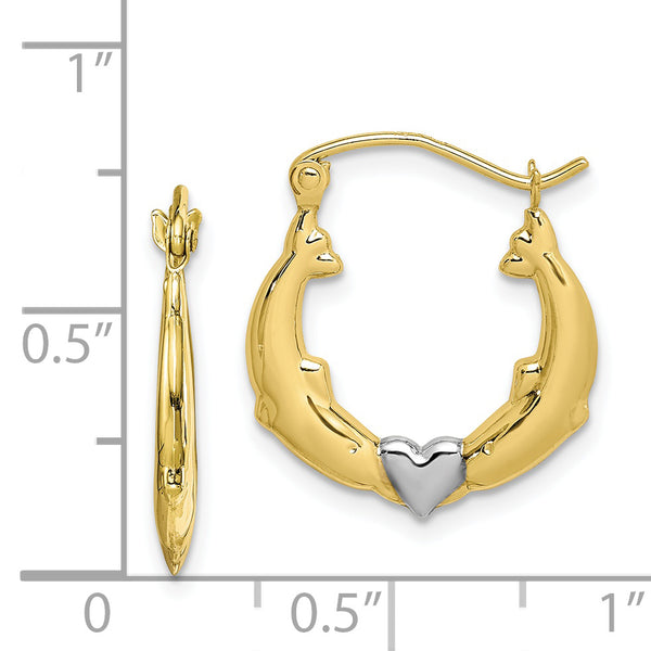 10K and Rhodium Dolphin Heart Hollow Hoop Earrings