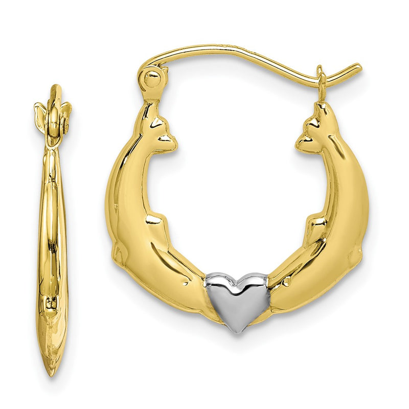 10K and Rhodium Dolphin Heart Hollow Hoop Earrings