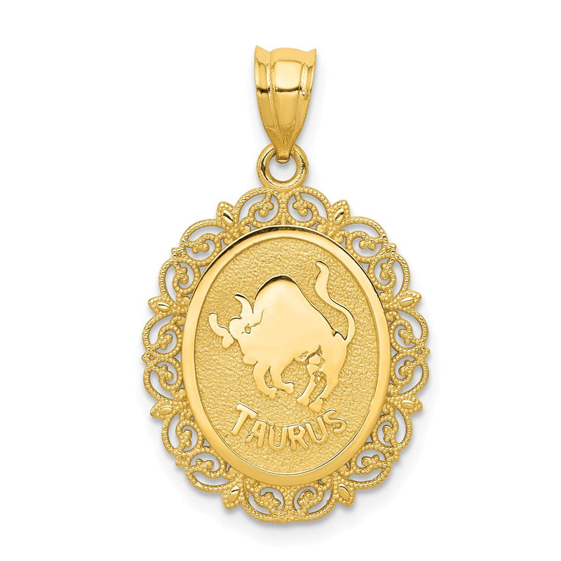 14k Solid Satin Polished Taurus Zodiac Oval Pendant