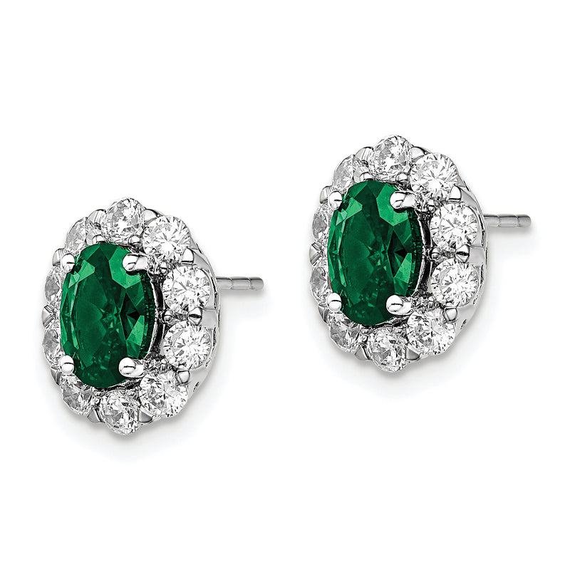 14K White Gold Lab Grown Diamond and Oval Created EmeraldFashion Earrings