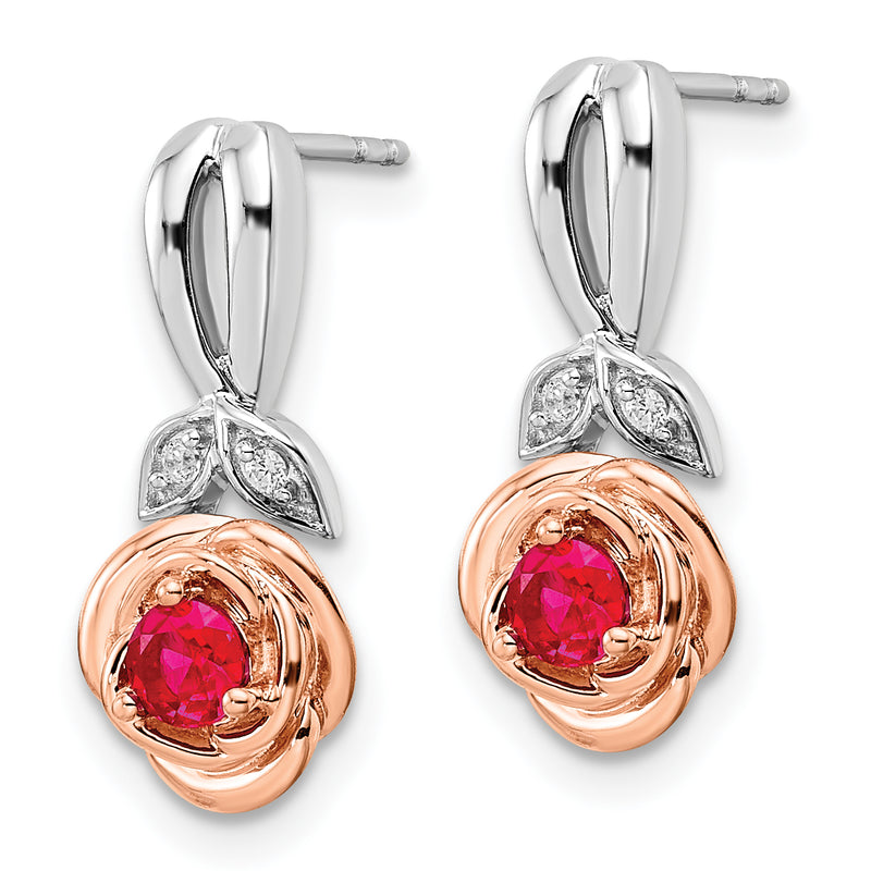 14K Two-tone White & Rose Ruby and Diamond Flower Post Earrings