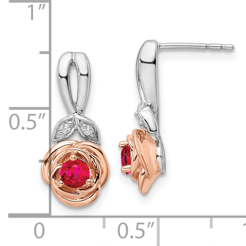 14K Two-tone White & Rose Ruby and Diamond Flower Post Earrings