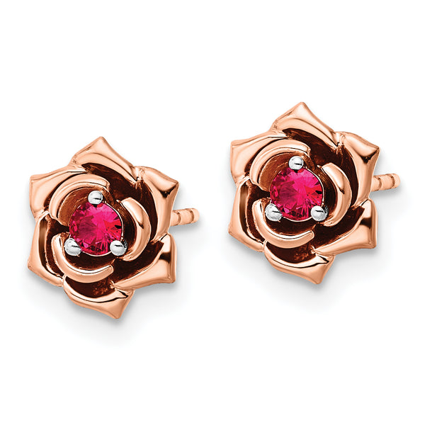 14K Two-tone White & Rose Ruby Flower Post Earrings