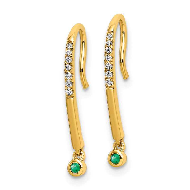 14k Polished Diamond and Emerald Drop Wire Earrings