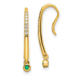 14k Polished Diamond and Emerald Drop Wire Earrings