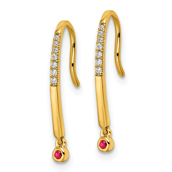 14k Polished Diamond and Ruby Drop Wire Earrings