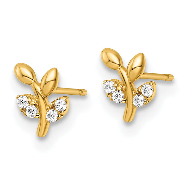 14k Madi K Polished CZ Leaf Branch Post Earrings