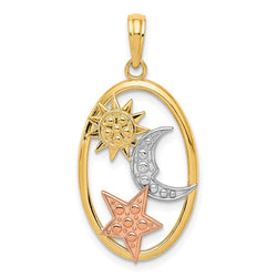 14k Two-tone w/White Rhodium Sun, Moon and Star Oval Pendant