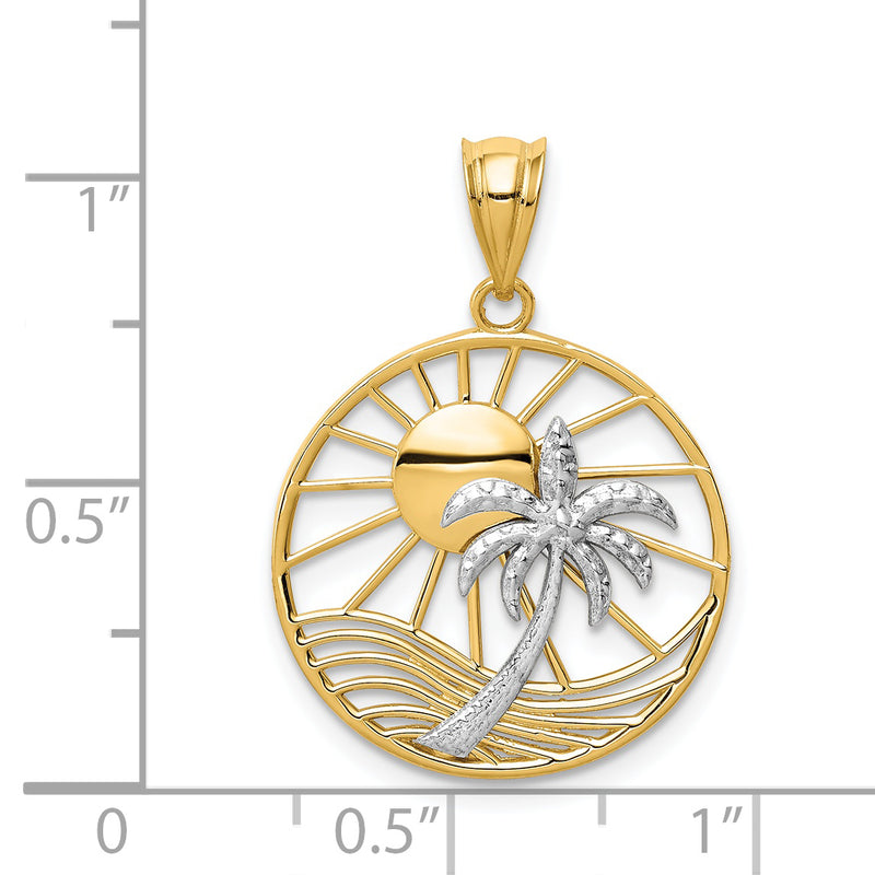 14K Two Tone Sun and Palm Tree Pendant