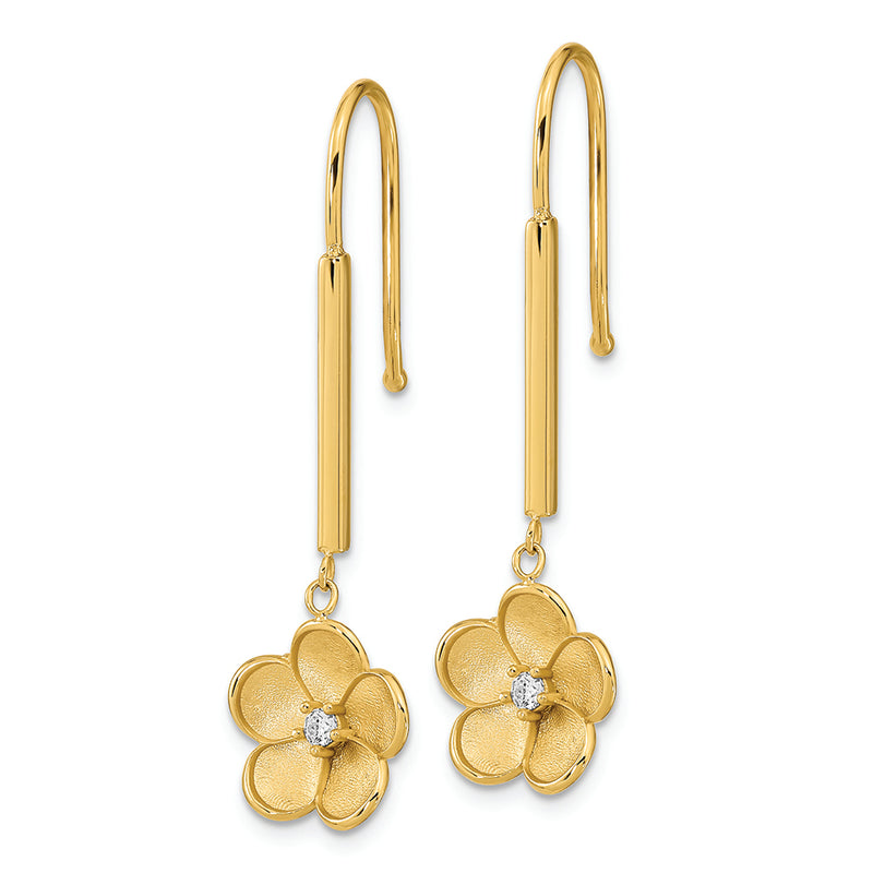 14K Polished and Satin Dangle Flower CZ Earrings