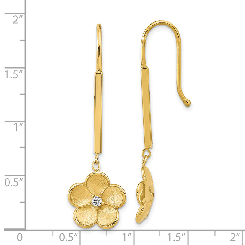 14K Polished and Satin Dangle Flower CZ Earrings