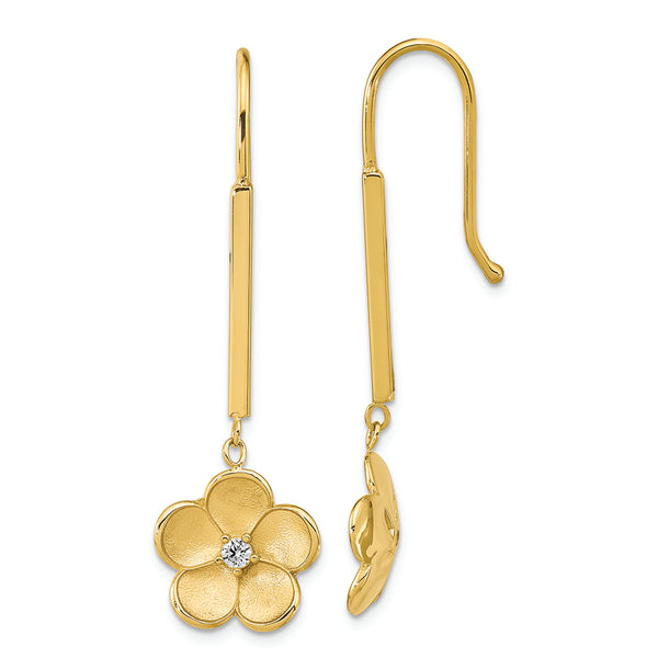 14K Polished and Satin Dangle Flower CZ Earrings