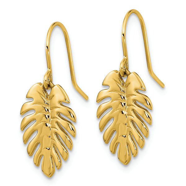 14K Polished Palm Leaf Dangle Earrings