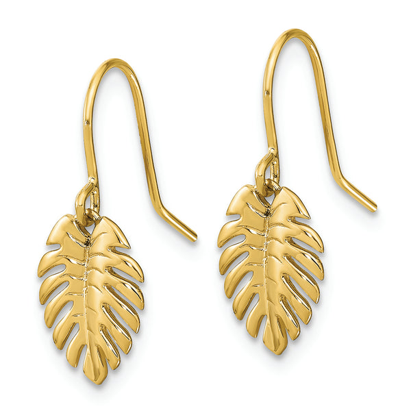 14K Polished Palm Leaf Dangle Earrings