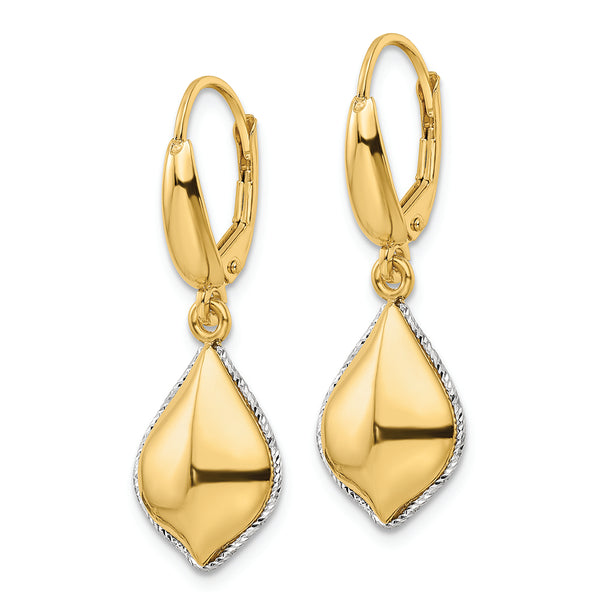 14K Two-tone Polished D/C Hollow Teardrop Criss Cross Leverback Earrings