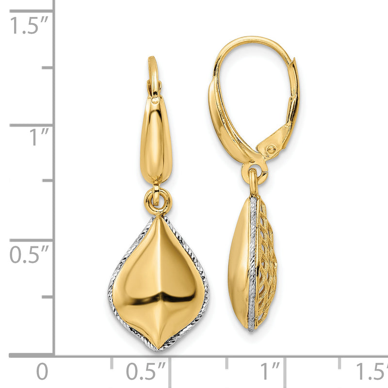 14K Two-tone Polished D/C Hollow Teardrop Criss Cross Leverback Earrings