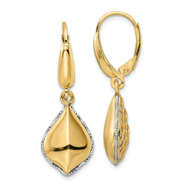 14K Two-tone Polished D/C Hollow Teardrop Criss Cross Leverback Earrings