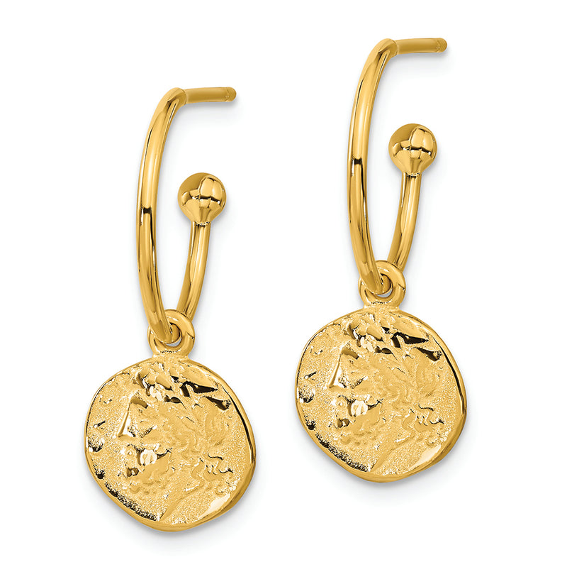 14K Polished Reversible Replica Roman Coin Charm Post Hoop Earrings