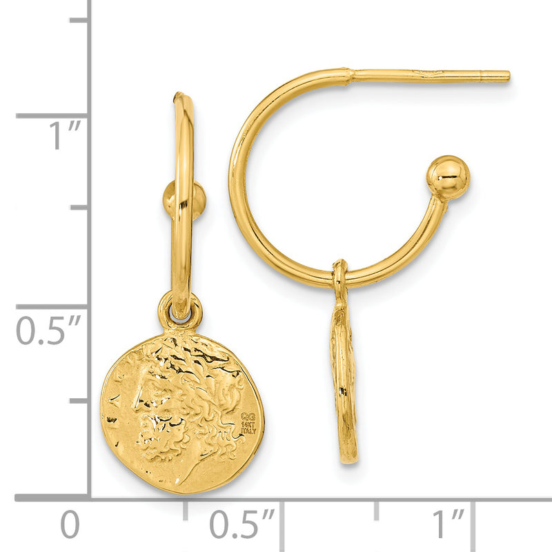 14K Polished Reversible Replica Roman Coin Charm Post Hoop Earrings