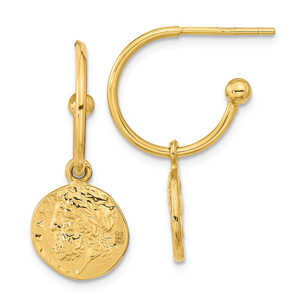 14K Polished Reversible Replica Roman Coin Charm Post Hoop Earrings