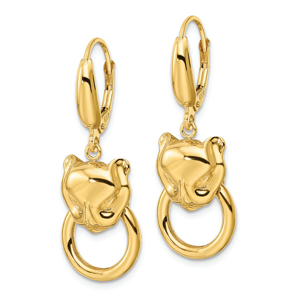 14K Polished Cat Head Holding Ring Leverback Earrings