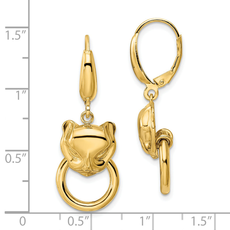 14K Polished Cat Head Holding Ring Leverback Earrings