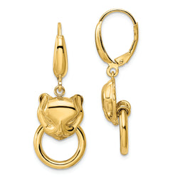 14K Polished Cat Head Holding Ring Leverback Earrings