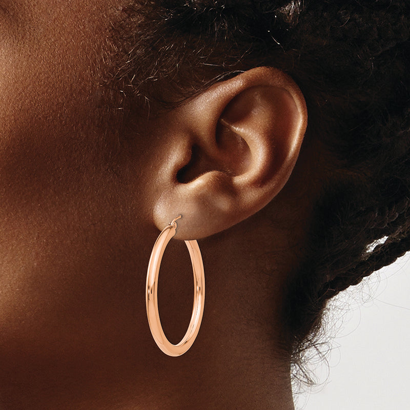 14k Rose Gold Polished 3mm Lightweight Tube Hoop Earrings