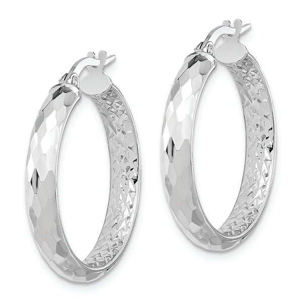 14K White Gold Polished and Textured Diamond-cut Inside Fancy Hoop Earrings