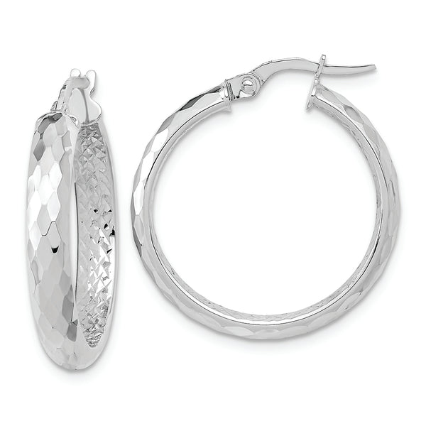 14K White Gold Polished and Textured Diamond-cut Inside Fancy Hoop Earrings