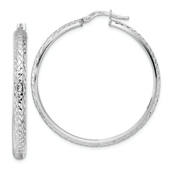 14K White Gold Diamond Cut Hoop Earrings