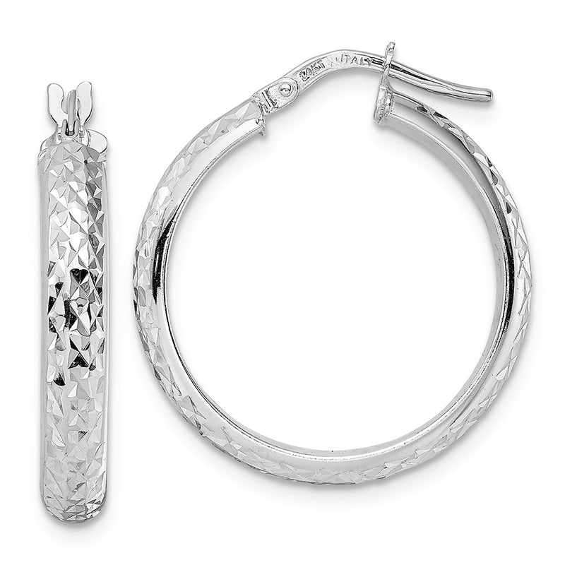 14K White Gold Diamond Cut Hoop Earrings