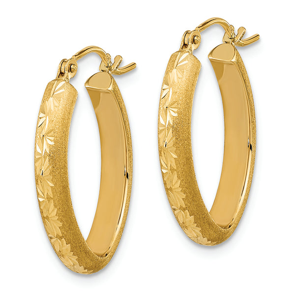 14K Polished and Satin Diamond-cut Oval Hoop Earrings