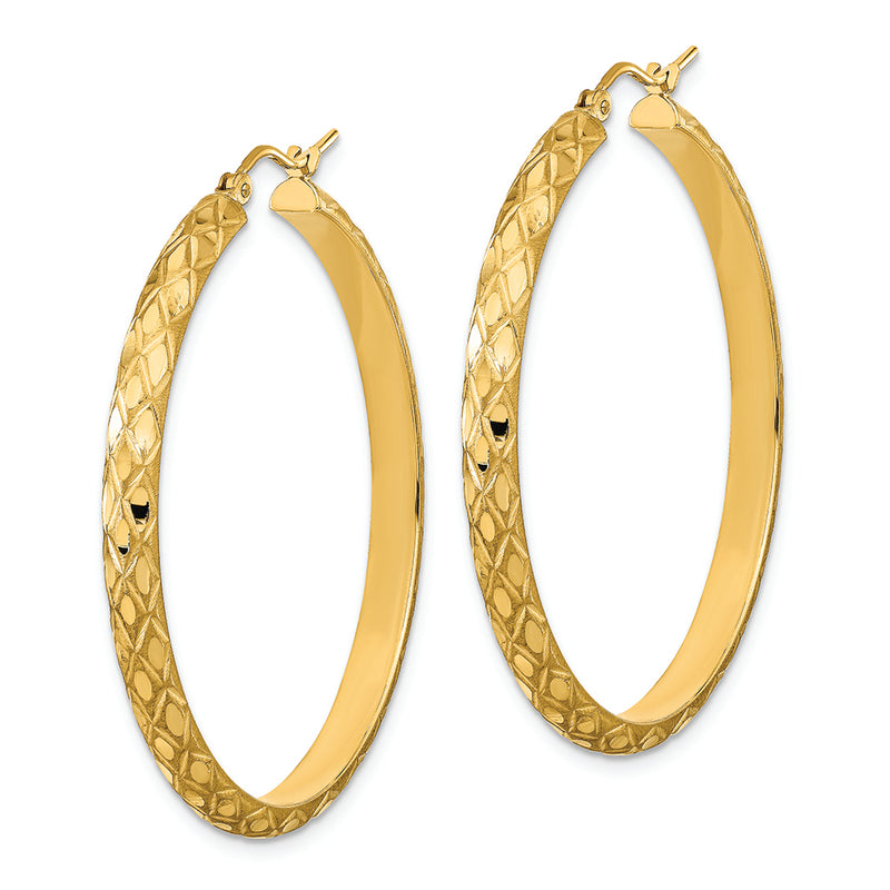 14K Polished and Satin Diamond-cut Diamond Pattern Hoop Earrings