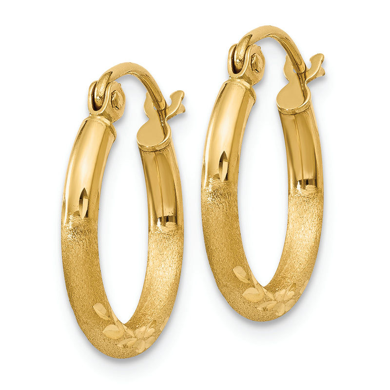 14k Satin and Diamond-cut 2mm Round Tube Hoop Earrings