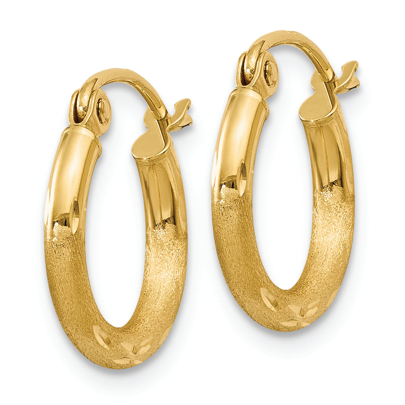 14k Satin and Diamond-cut 2mm Round Tube Hoop Earrings