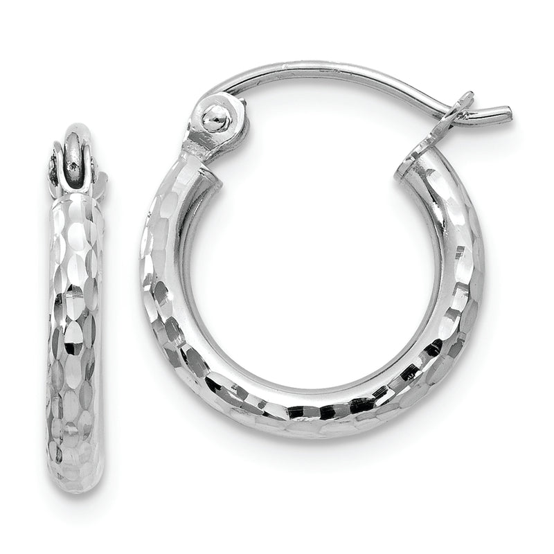 14k White Gold Diamond-cut 2mm Round Tube Hoop Earrings