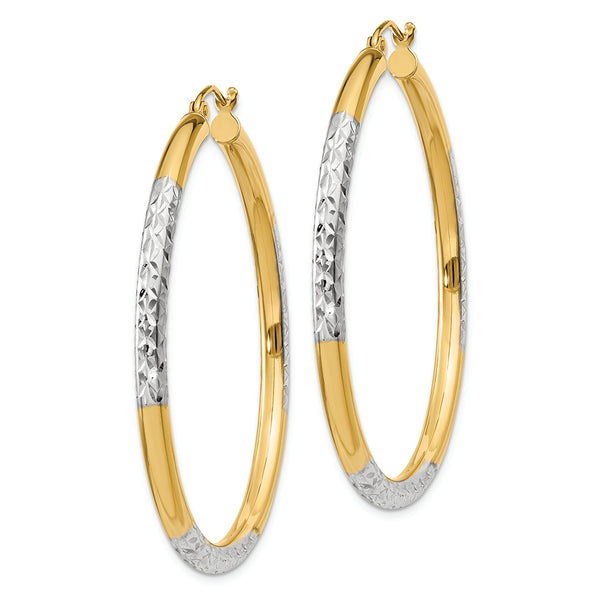 14K and Rhodium Diamond-cut 3x45mm Hoop Earrings