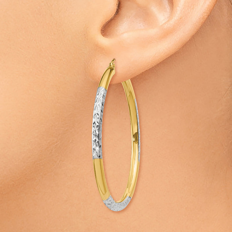 14K and Rhodium Diamond-cut 3x45mm Hoop Earrings