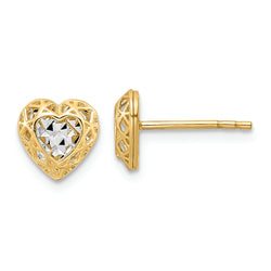 14k w/Rhodium Diamond-cut Center Heart Post Earrings