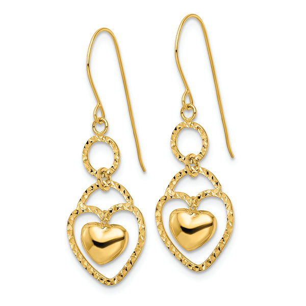 14K D/C Open Heart Heart Charm Earrings