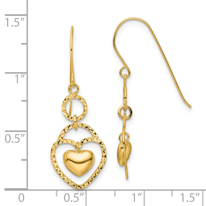 14K D/C Open Heart Heart Charm Earrings