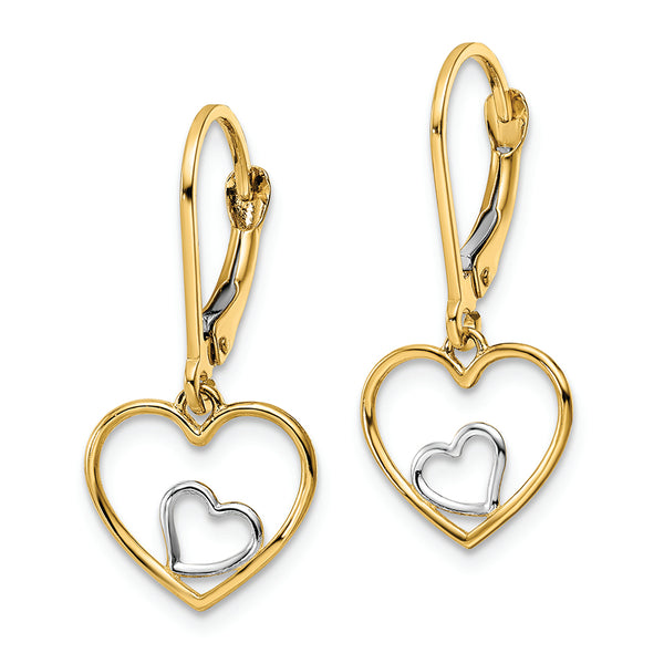 14k w/Rhodium Heart in Heart Leverback Dangle Earrings