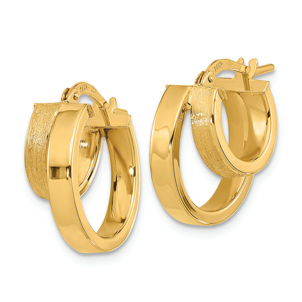 14K Polished and Brushed Square Tube Double Hoop Earrings