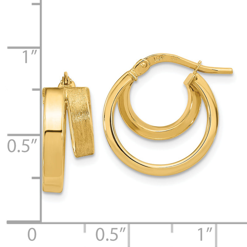 14K Polished and Brushed Square Tube Double Hoop Earrings