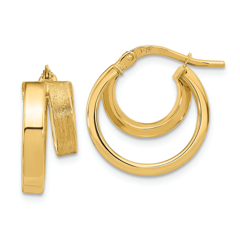 14K Polished and Brushed Square Tube Double Hoop Earrings