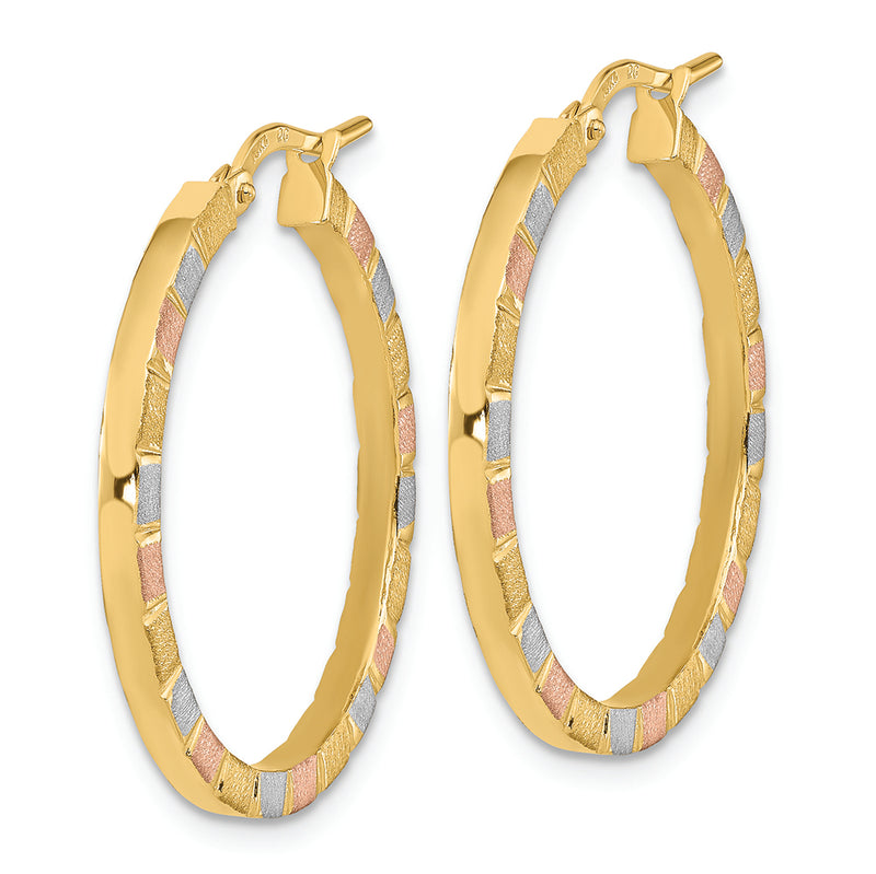 14k w/White & Rose Rhodium Polished & Satin Hoop Earrings