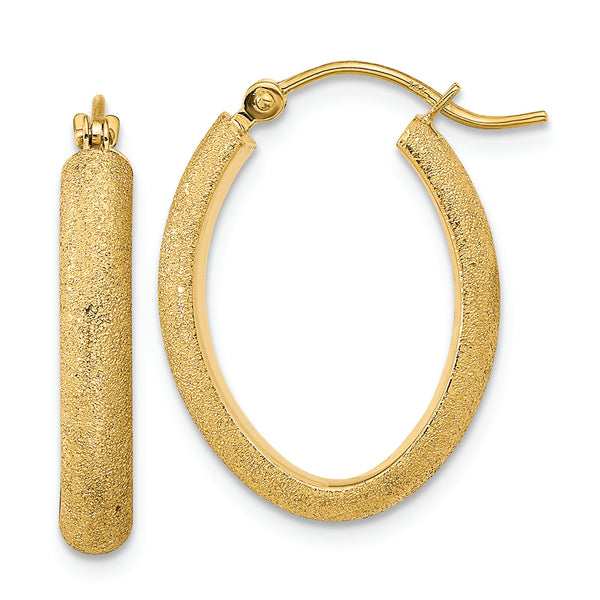 14K Polished Textured Satin Oval Hoop Earrings