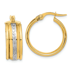 14K and White Rhodium Polished Diamond-cut Hoop Earrings